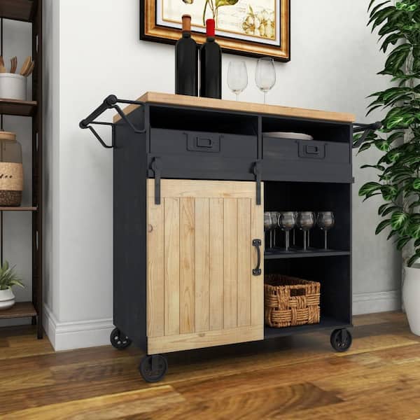 Litton Lane 34 in. Black Metal Industrial Kitchen Cart