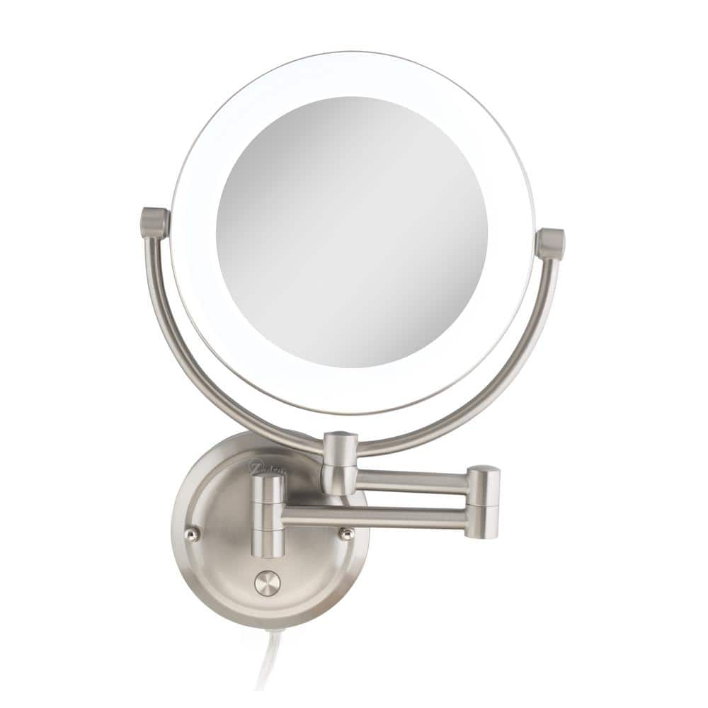 Zadro Lexington LED Lighted Wall Mounted Makeup Mirror with Magnification Two-Sided Swivel Extendable Bathroom Mirror (10X/1X  10  Head  7.5  Mirror  Plug-In  Satin Nickel)