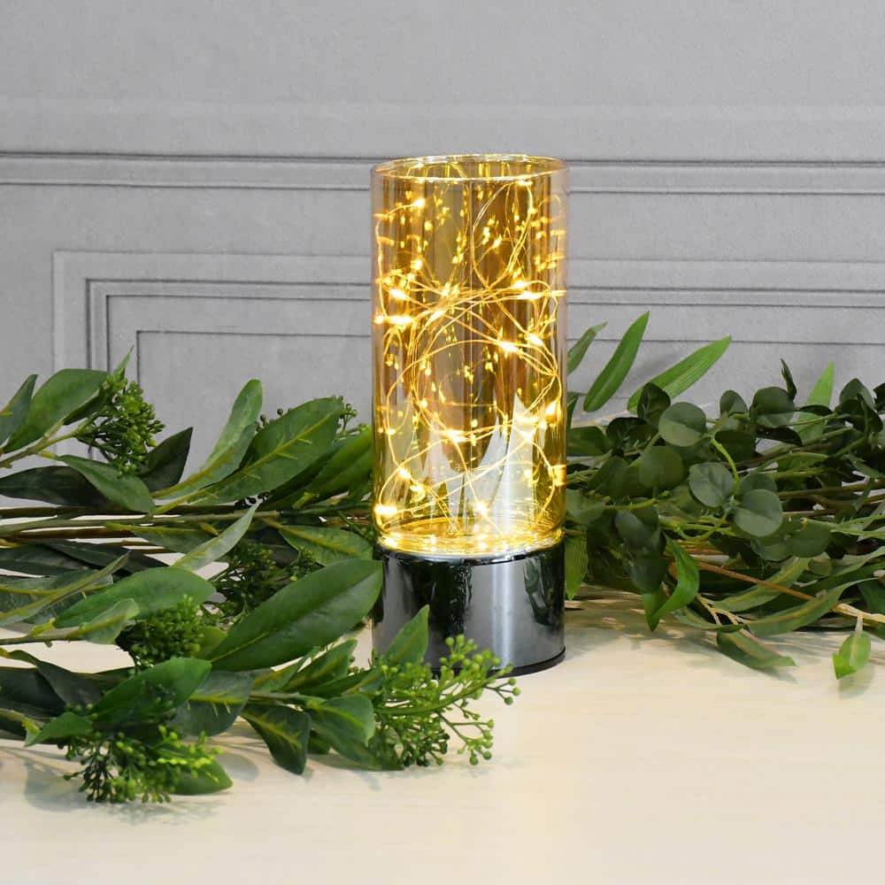 Amber Glass Hurricane Lantern with Fairy String Lights