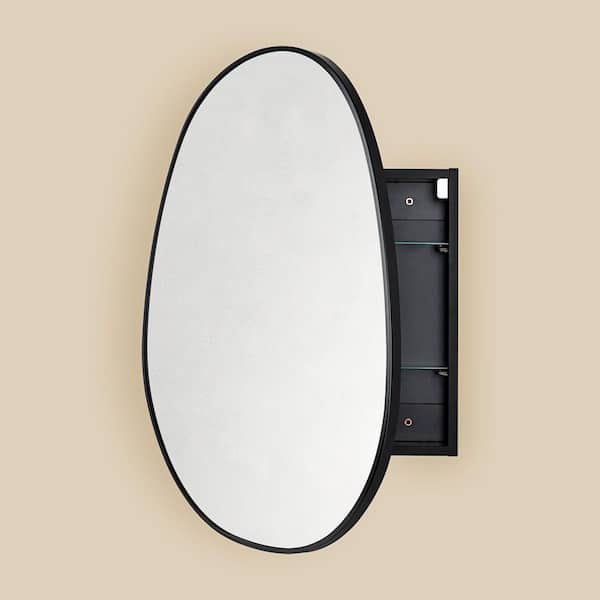 24 in. W x 28 in. H Oval Metal Framed Surface Mount Bathroom Medicine Cabinet with Mirror in Matt Black