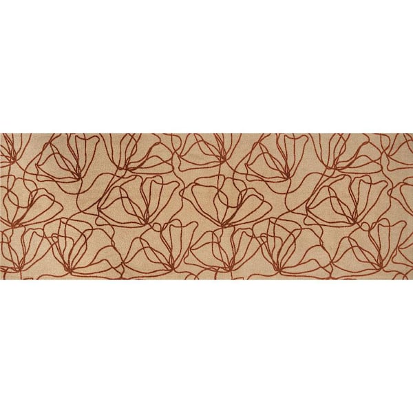 6' Beige And Bronze Floral Washable Runner Rug With UV Protection