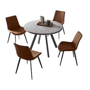 5-Piece Gray Round Dining Table Set MDF Dining Table and 4 Brown Dining Chairs