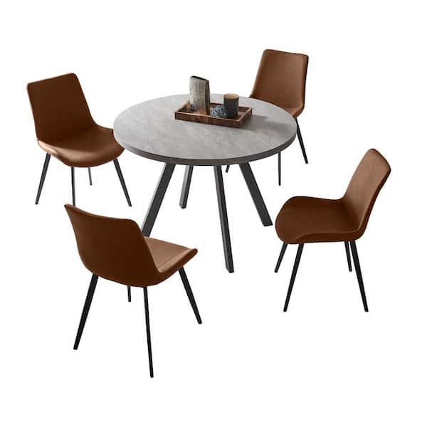 GOJANE 5-Piece Gray Round Dining Table Set MDF Dining Table and 4 Brown Dining Chairs