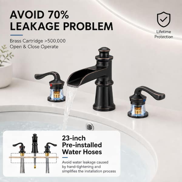 8 in. Widespread Double-Handle Bathroom Waterfall Brass Low-Arc Sink Faucet with Pop-Up Drain in Oil Rubbed Bronze