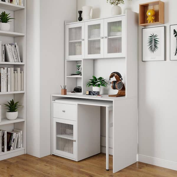 39 in. White Wood 1-Drawer Computer Desk with 90° Rotating Desktop
