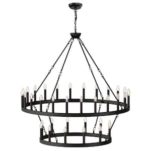 48 in. 36-Light Black Extra-Large Farmhouse Wagon Wheel Chandeliers, 2-Tier Lighting for Dining Room Kitchen Island
