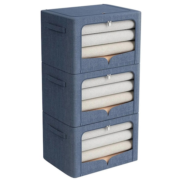 70 Qt. Linen Clothes Storage Bin with Lid in Blue (3-Pack)