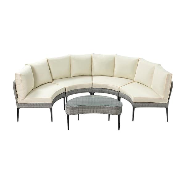 Afoxsos Beige 5-Piece Rattan Wicker Outdoor Patio Furniture Set Conversation Set Sofa Set with Beige Cushions