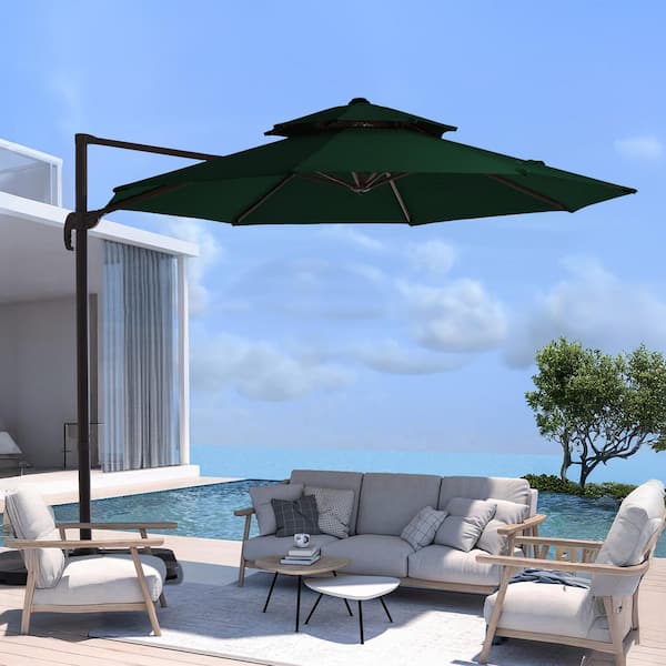 JEAREY 13 ft. Patio Round Umbrella 360-Degree Rotation Cantilever Umbrella with Cover in Dark Green