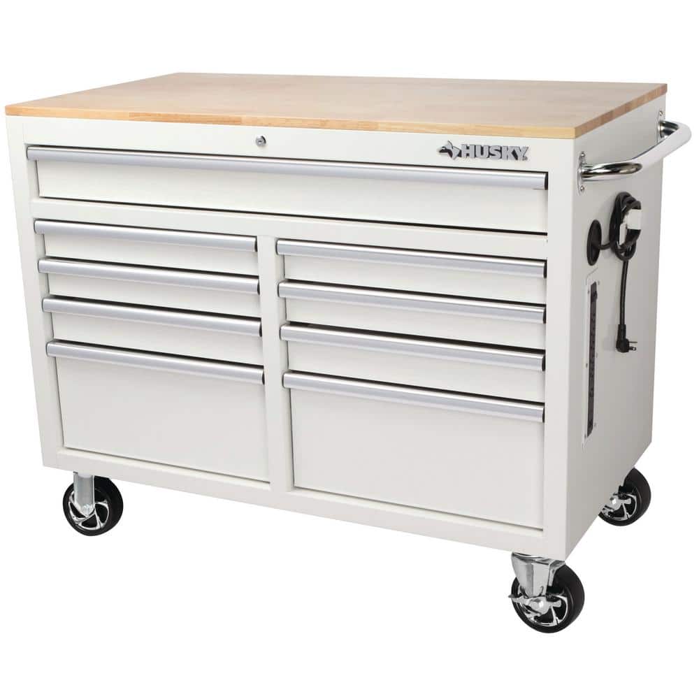 Husky 46 in. W x 24.5 in. D Standard Duty 9-Drawer Mobile Workbench Cabinet with Solid Wood Top in Gloss White, Gloss White with Silver Trim -  H46MWC9GWV2