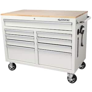46 in. W x 24.5 in. D Standard Duty  9-Drawer Mobile WorkbenchTool Chest with Solid Wood Top in Gloss White