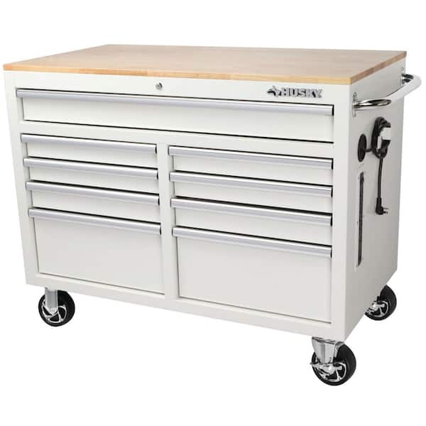 Husky 46 in. W x 24.5 in. D Standard Duty 9-Drawer Mobile Workbench Cabinet with Solid Wood Top in Gloss White