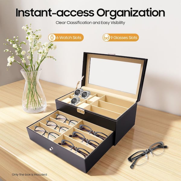 YIYIBYUS Black Leather 6-Watch and 9-Piece Eyeglasses Storage