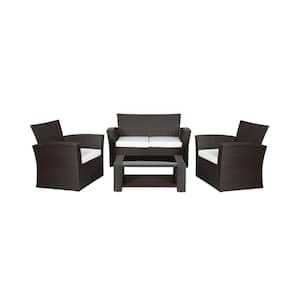 Hudson 4-Piece Chocolate Wicker Outdoor Patio Loveseat and Armchair Conversation Set w/White Cushions and Coffee Table