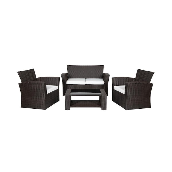 WESTIN OUTDOOR Hudson 4-Piece Chocolate Wicker Outdoor Patio Loveseat and Armchair Conversation Set w/White Cushions and Coffee Table