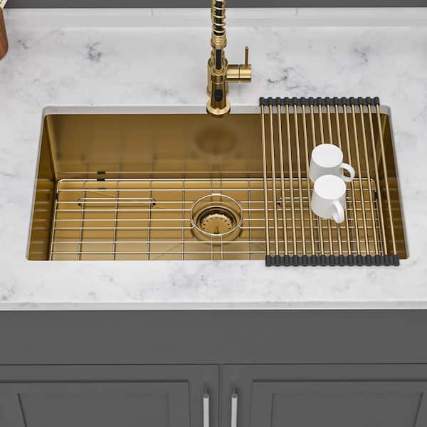 32 in. Undermount Single Bowl 16 Gauge Gold Stainless Steel Kitchen Sink with Bottom Grids