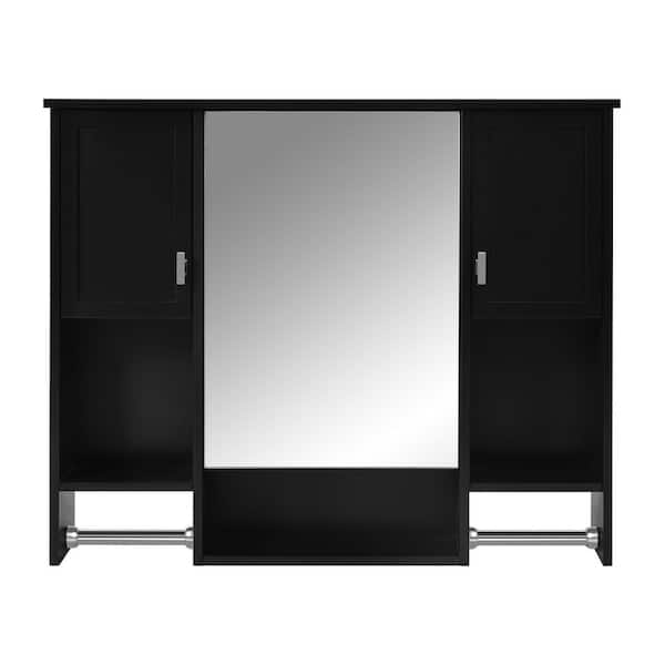 7 in. W x 35 in. D x 28 in. H Wall Mount Bathroom Linen Cabinet with Mirrored Doors, Towel Rack and Dividers, Black