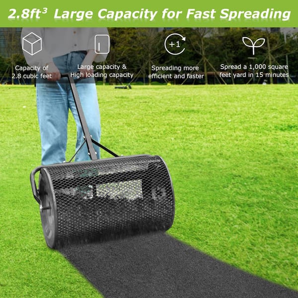 24 in. Black All-Steel Compost and Peat Moss Spreader, Lawn and Garden Roller for Manure and Topsoil