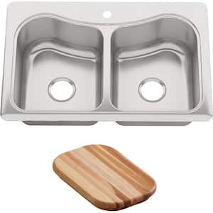 Staccato Drop-In Stainless Steel 33 in. 1-Hole Double Bowl Kitchen Sink with Hardwood Cutting Board