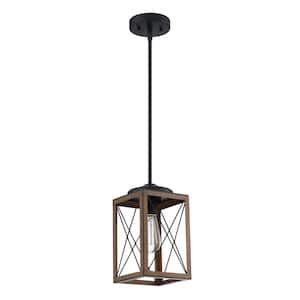 1-Light Black Barn Wood Rectangle Chandelier And Steel Cage Shade, 1 x E26