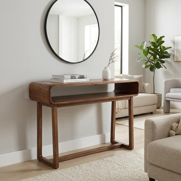 42 in. Brown Rectangle Concrete Top Console Table with Open Shelf