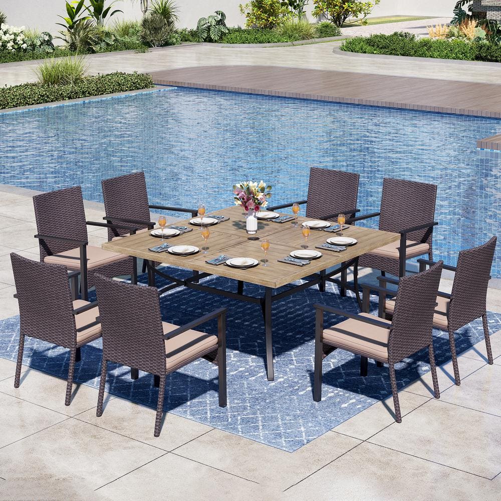 Black 9-Piece Metal Square Patio Outdoor Dining Set with Wood Finish Slat Table and Rattan Chairs with Beige Cushion price history on PriceWatchPro