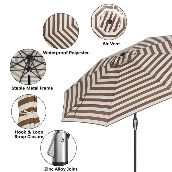 9 ft. Metal Market Tilt Patio Umbrella in Beige Taupe Stripe