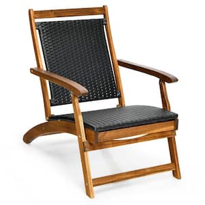 Patio Wicker PE Rattan Folding Lounge Chair with Acacia Wooden Frame Retractable Footrest