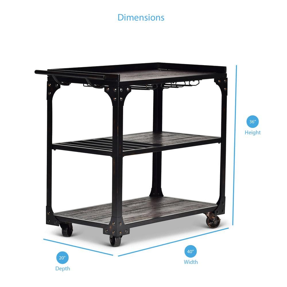 Rustic Black and Brown Wood Server Cart with Wine Rack