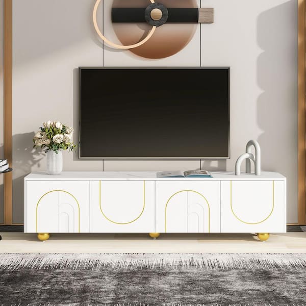 Polibi Modern White TV Stand Fits TV's Up to 75 in. with Storage Cabinets and 1 Adjustable Shelf