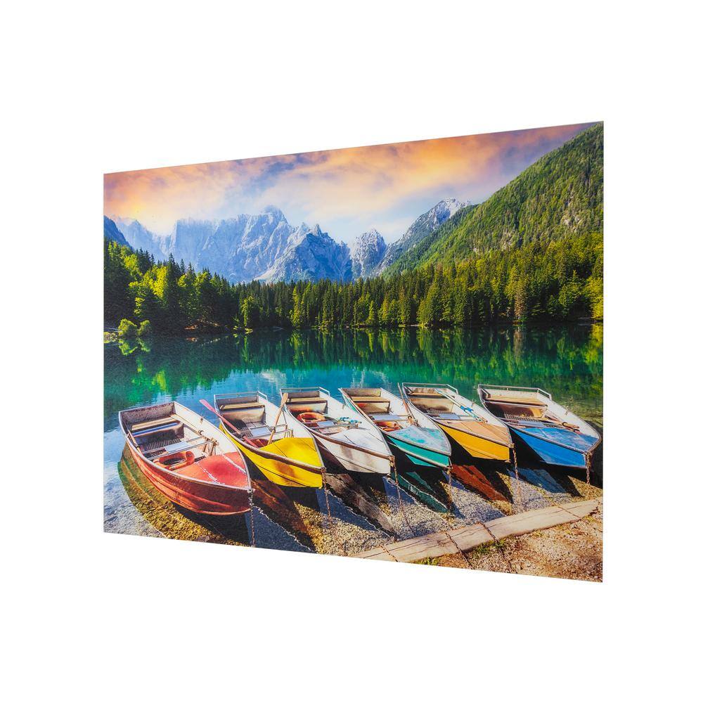 Vibrant Lakeside Boats Tempered Glass Landscape Wall Art