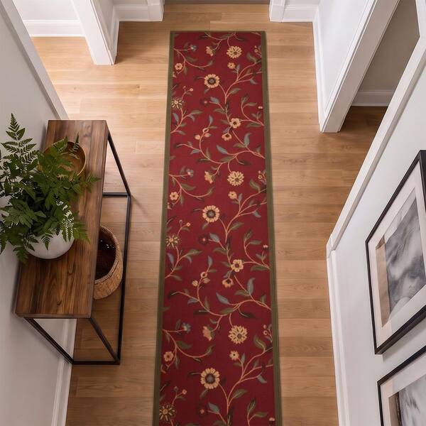 Homeline Non-Slip Rubberback 2 ft. x 17 ft. Floral Leaves Indoor, Dark Red Runner Rug