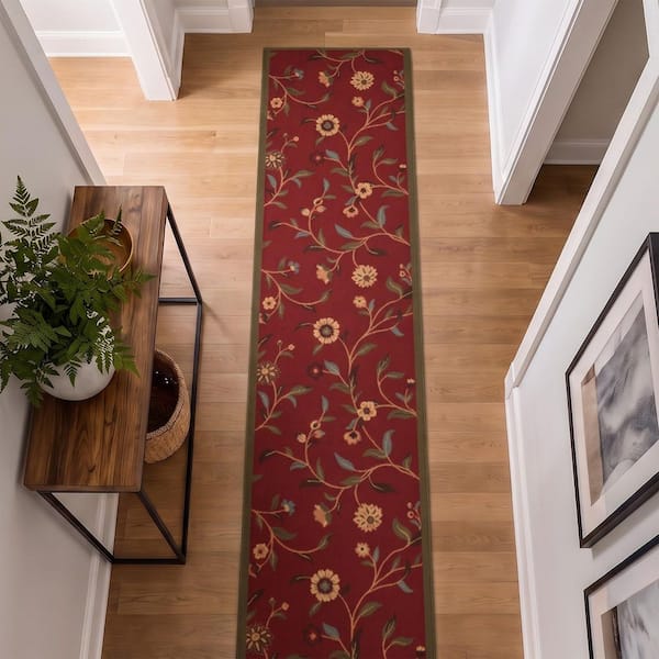 Homeline Non-Slip Rubberback 2 ft. x 5 ft. Floral Leaves Indoor Runner Rug, Dark Red