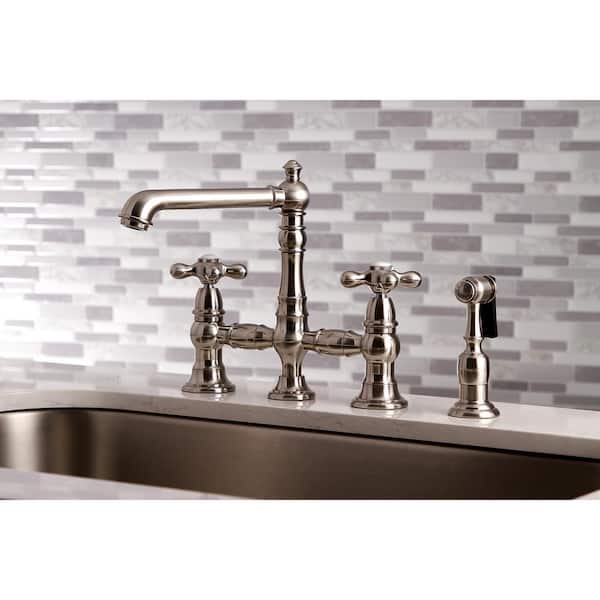 English Country 2-Handle Bridge Kitchen Faucet with Side Sprayer in Brushed Nickel