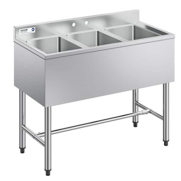 3 Compartment Sink, 18-Gauge 304 Stainless Steel, 10 x 14 x 10 in. Bowl Size, 3 Bay Commercial Under Bar Sink