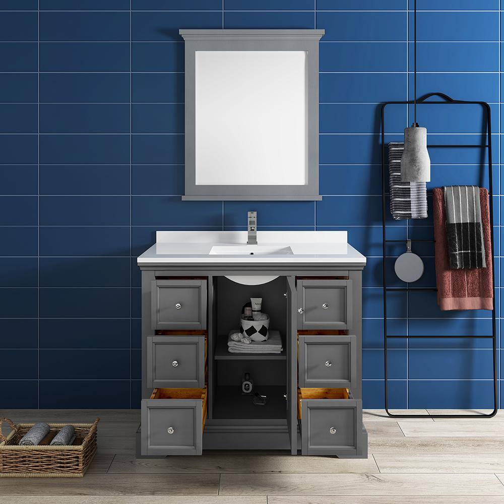Windsor 40" Gray Solid Wood Vanity Set with Quartz Top and Mirror