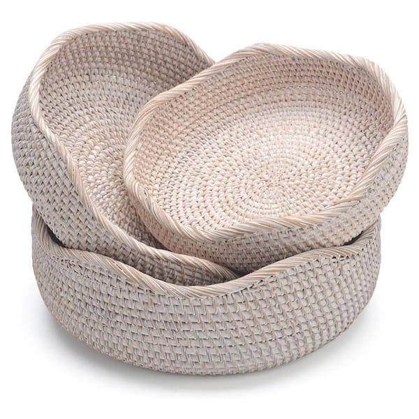 White Rattan Round Fruit Baskets, Wicker Storage Bowls for Kitchen Counter Organizing, Set of 3