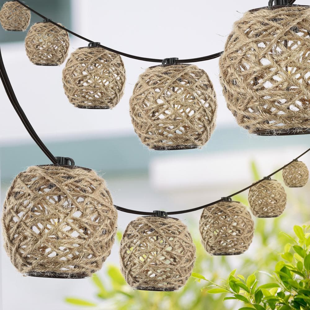 Oahu 10-Light Light Brown Hemp Rope LED Outdoor String Lights