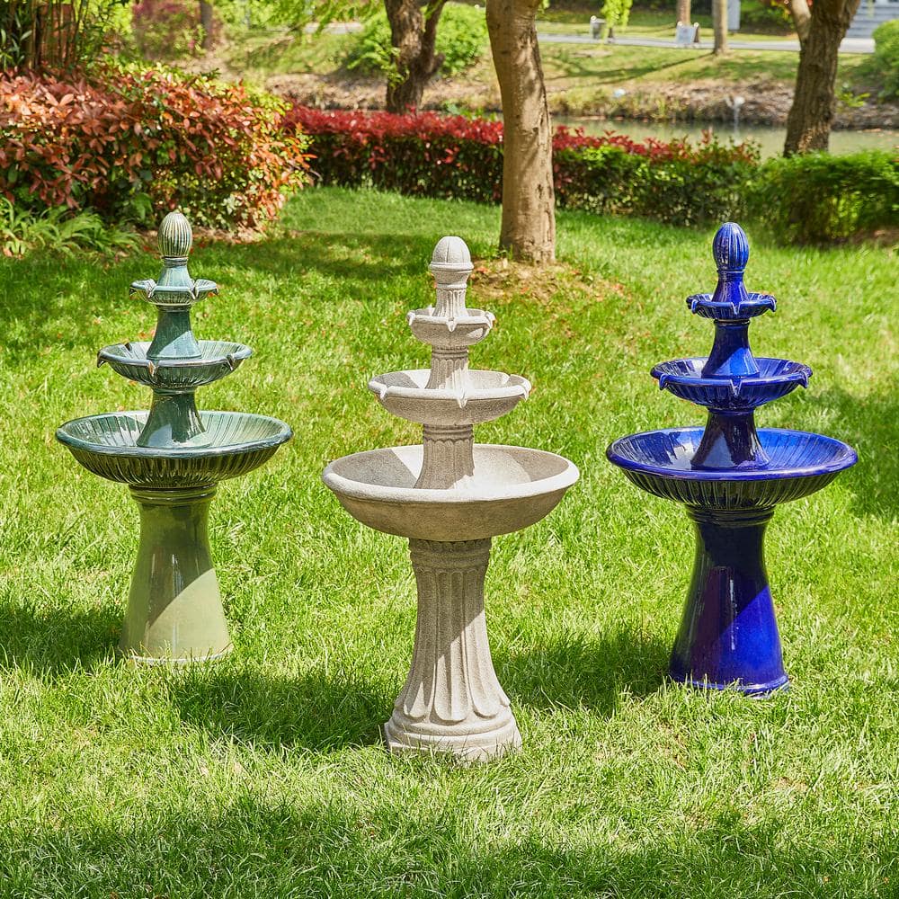 45.25" Cobalt Blue Ceramic 3-Tier Outdoor Fountain with LED Light