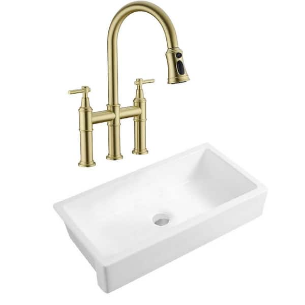 Interbath White Fireclay 37 in. Single Bowl Farmhouse Apron Kitchen Sink with Bridge Kitchen Faucet