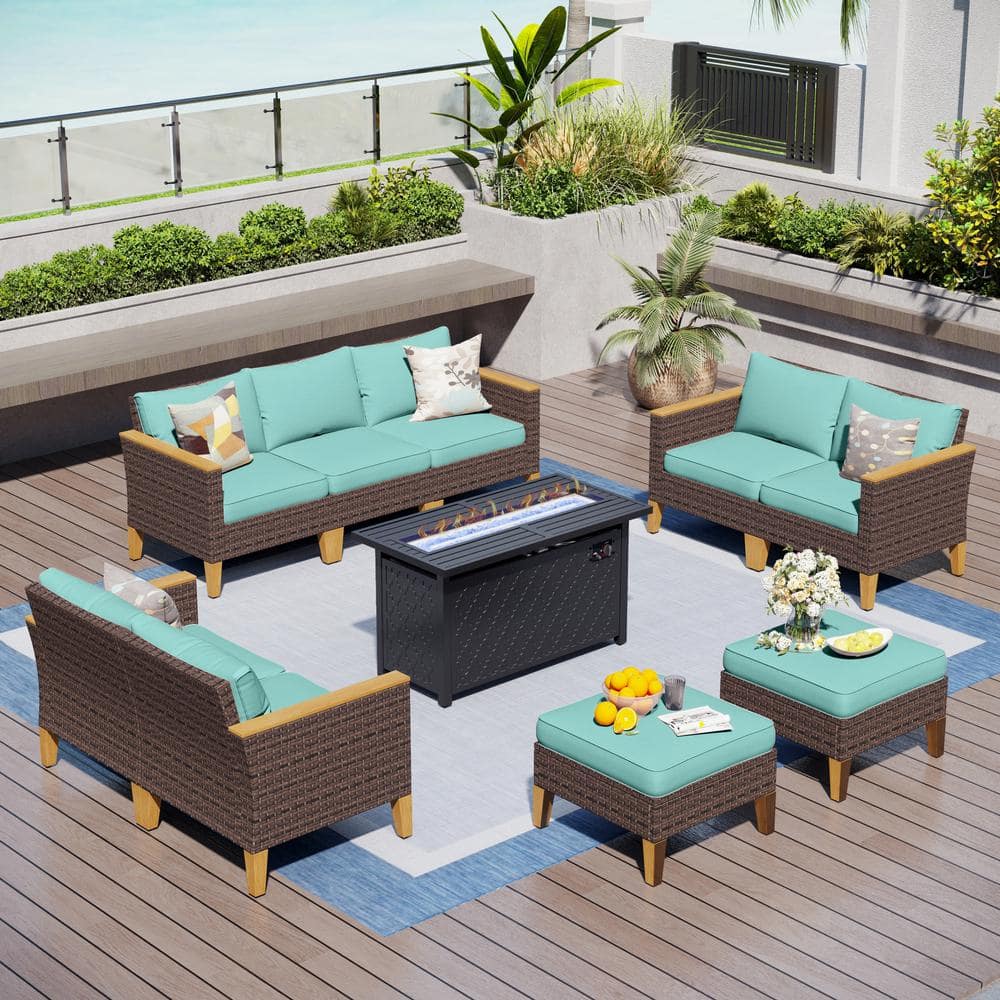 Brown Rattan Wicker 9 Seat 10-Piece Steel Outdoor Patio Conversation Set with Blue Cushions, Rectangular Fire Pit Table price history on PriceWatchPro