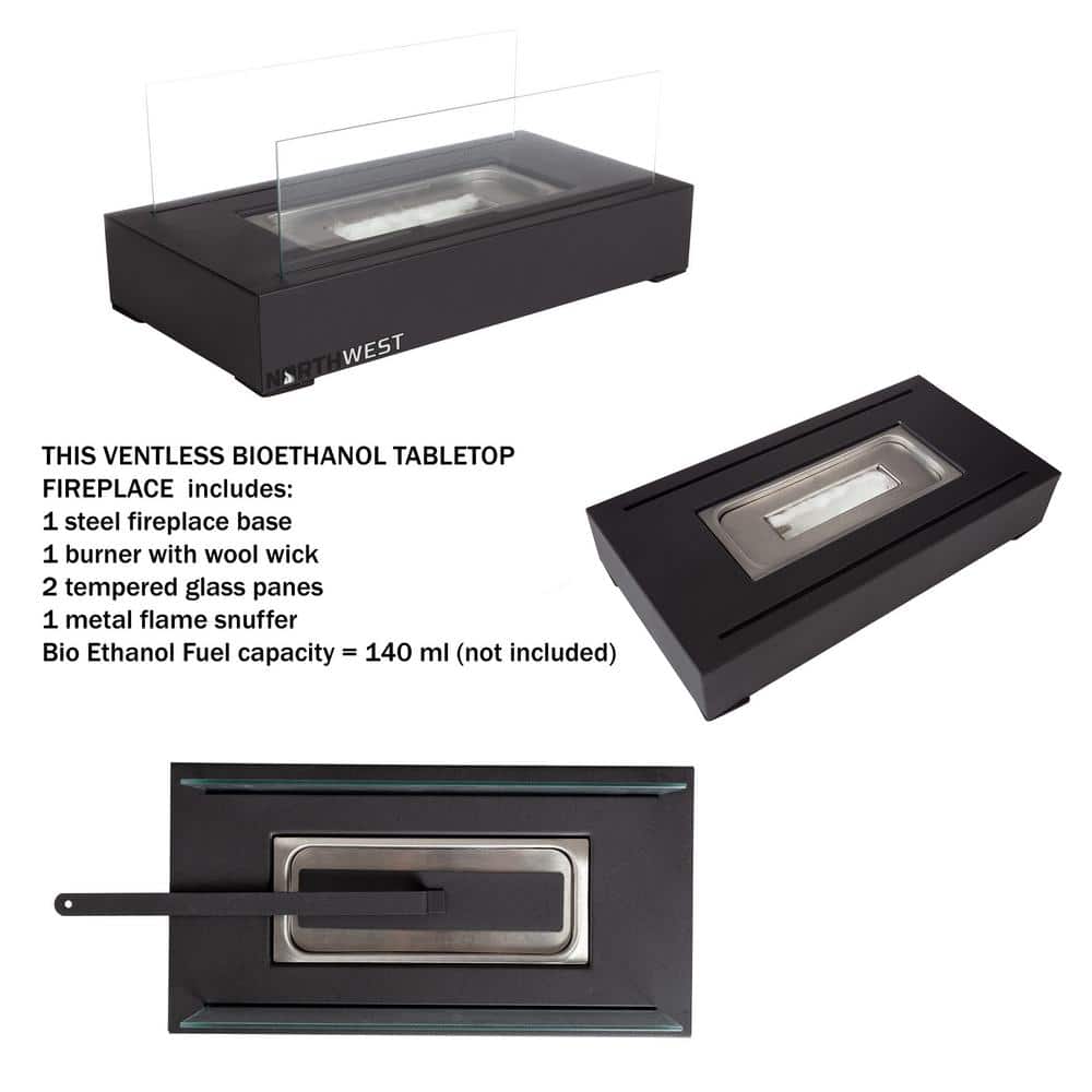 Black Rectangular Bio Ethanol Tabletop Fire Pit with Glass