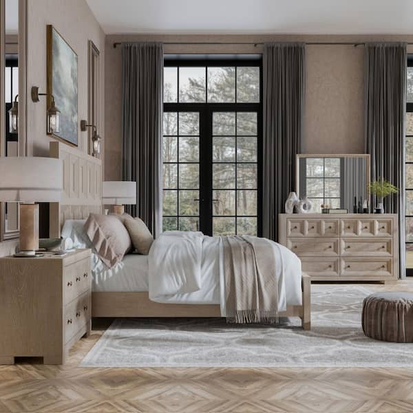 Flonnin 5-Piece Tawny Wood Frame King Panel Bedroom Set with Oversized Nightstand and Felt-Lined Top Drawers