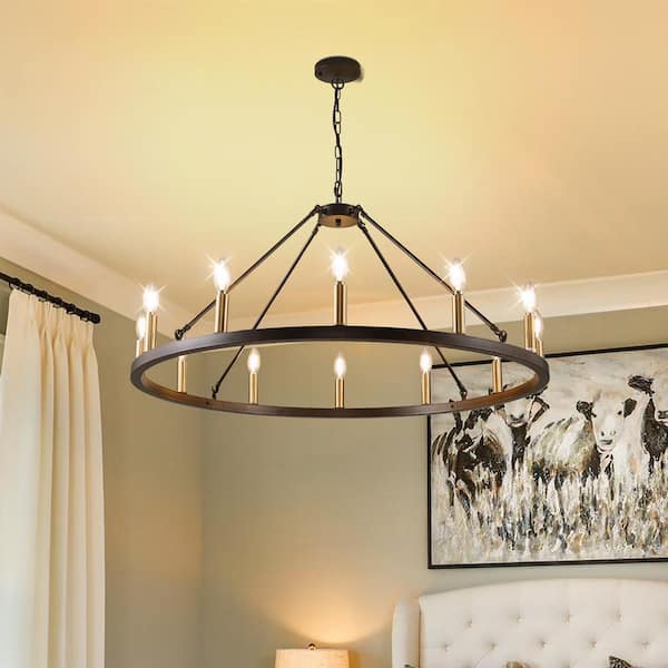Magic Home 37 in. 12-Light Gold Classic Adjustable Height Metal Ceiling Light Farmhouse Wagon Wheel Chandelier for Kitchen Island