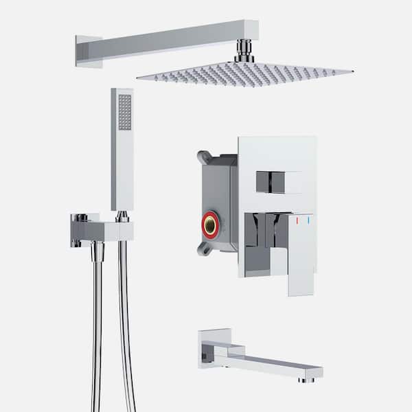 MYCASS Squa Single-Handle Spray Rain Shower Head Square High Pressure Shower Faucet with Tub Spout in Chrome (Valve Included)