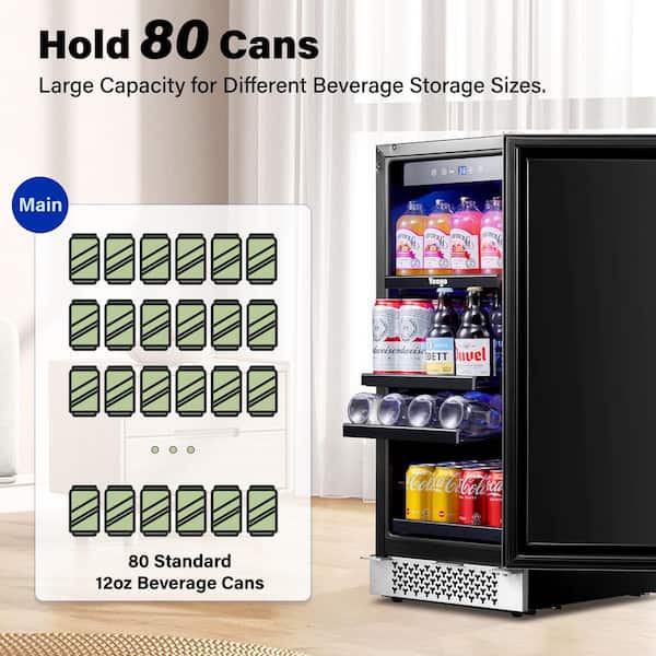 Yeego Single Zone 15 in. 80 (12 oz.) Cans Beverage Cooler Soda Beer Drink Built-in Refrigerator 34-54°F with Safety Lock, Silver
