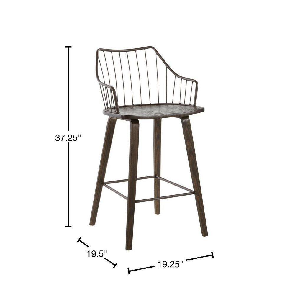 Winston Dark Walnut Wood and Brown Metal Counter Stool