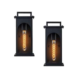 1-Light Modern 13 in. Outdoor Wall Lantern Black Exterior Sconce w/ Clear Tempered Glass and Dusk-to-Dawn Sensor(2-Pack)