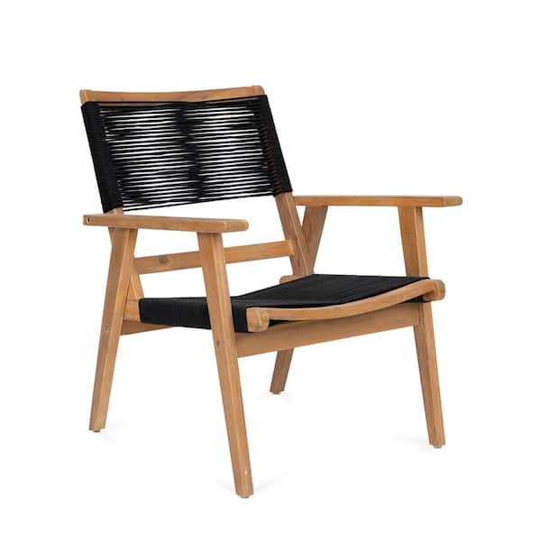Unbranded Black Stacking Teak Outdoor Dining Chair Rope Chairs Conversation Sectional for Backyard Poolside, Garden (Set of 2)