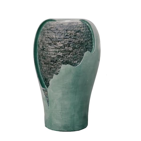 XBRAND 25 in. Tall Modern Round Broken Egg Shell Jar Waterfall Fountain with LED Lights and Auto Shut Off Pump, Turquoise